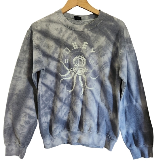 OBEY pull-on blue white tye dyed  long-sleeve sweater - Picture 2 of 10